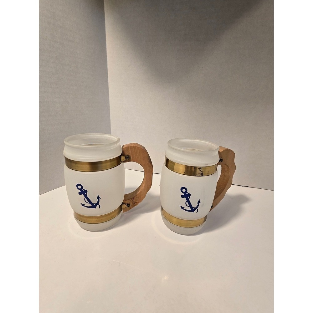 Vintage Nautical Anchor Frosted Glass Beer Mugs Set of 2 Wood Handle Brass /0148